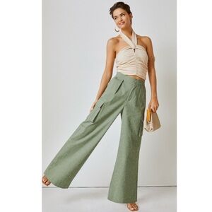 Anthropologie Avec Les Filles Embroidered Floral Wide Leg Cargo Pant Green Small